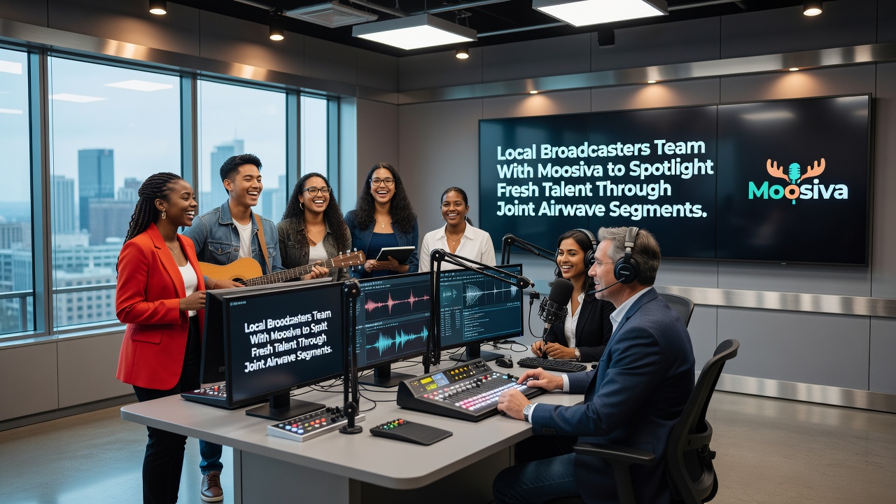Group of emerging musicians gathered around a mixing console during a joint broadcast planning session
