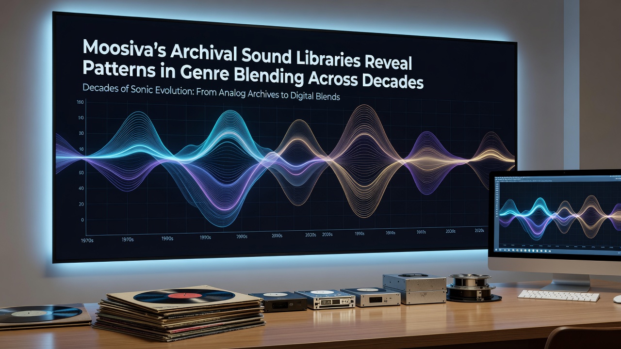 Digital analysis interface displaying genre blending timelines and audio spectrum data from Moosiva sound libraries