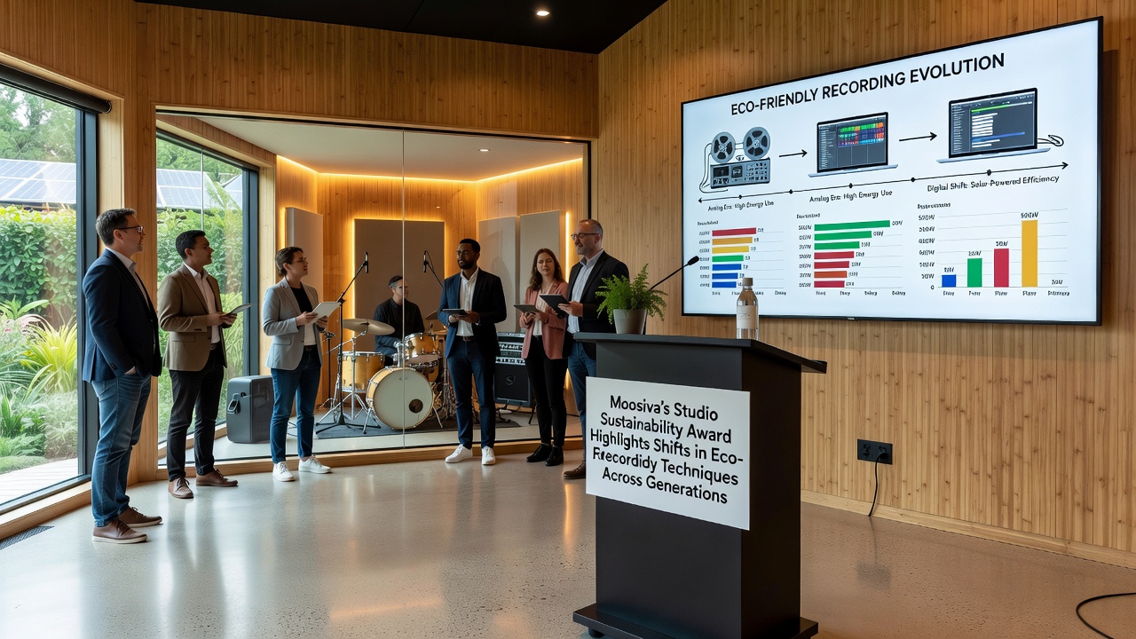 Audio technicians testing energy-efficient microphone arrays and recycled-material acoustic treatments inside a reconfigured independent recording space